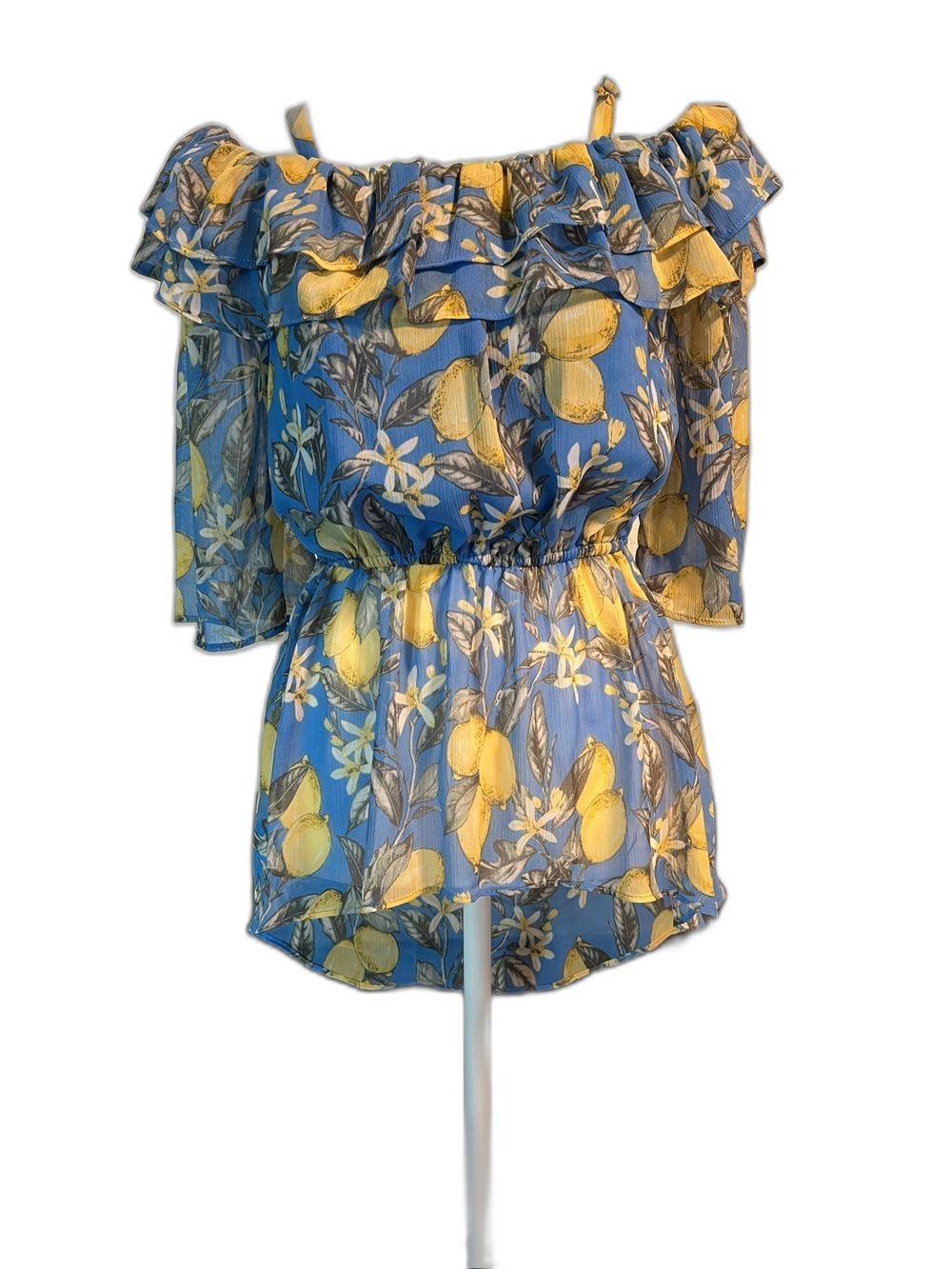 Cato Blue & Yellow Lemon Print Off-Shoulder Blouse Size XS
